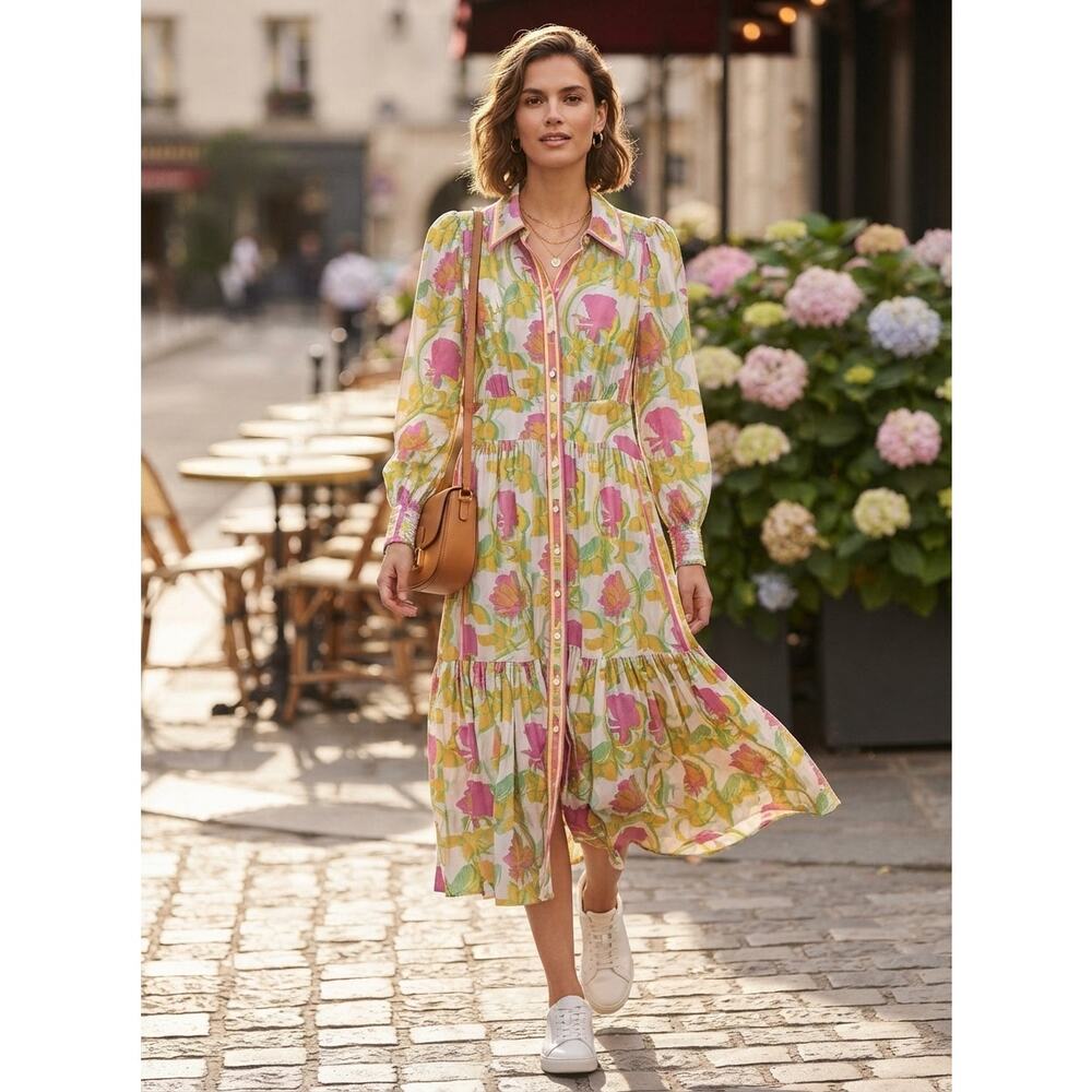 ME+EM Botanical Floral EcoVero Viscose Tiered Shirt Dress Size US 4 / UK 8 EUC